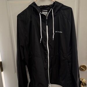 Columbia Black Hooded Windbreaker with White Trim and Drawcords